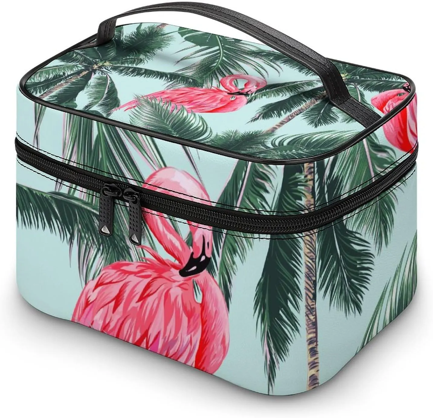 Makeup Bag Summer Exotic Cute Flamingo Cosmetic Bag for Women Beauty Zipper Makeup Organizer PU Leather Waterproof Toiletry Train Case Palm Tree