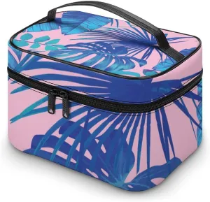 Makeup Bag Summer Exotic Palm Tree Cosmetic Bag for Women Beauty Zipper Makeup Organizer PU Leather Waterproof Toiletry Train Case Pink Blue