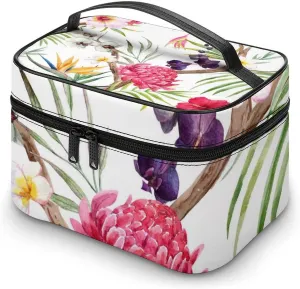 Makeup Bag Summer Watercolor Exotic Floral Cosmetic Bag for Women Beauty Zipper Makeup Organizer PU Leather Waterproof Toiletry Train Case Palm Tree