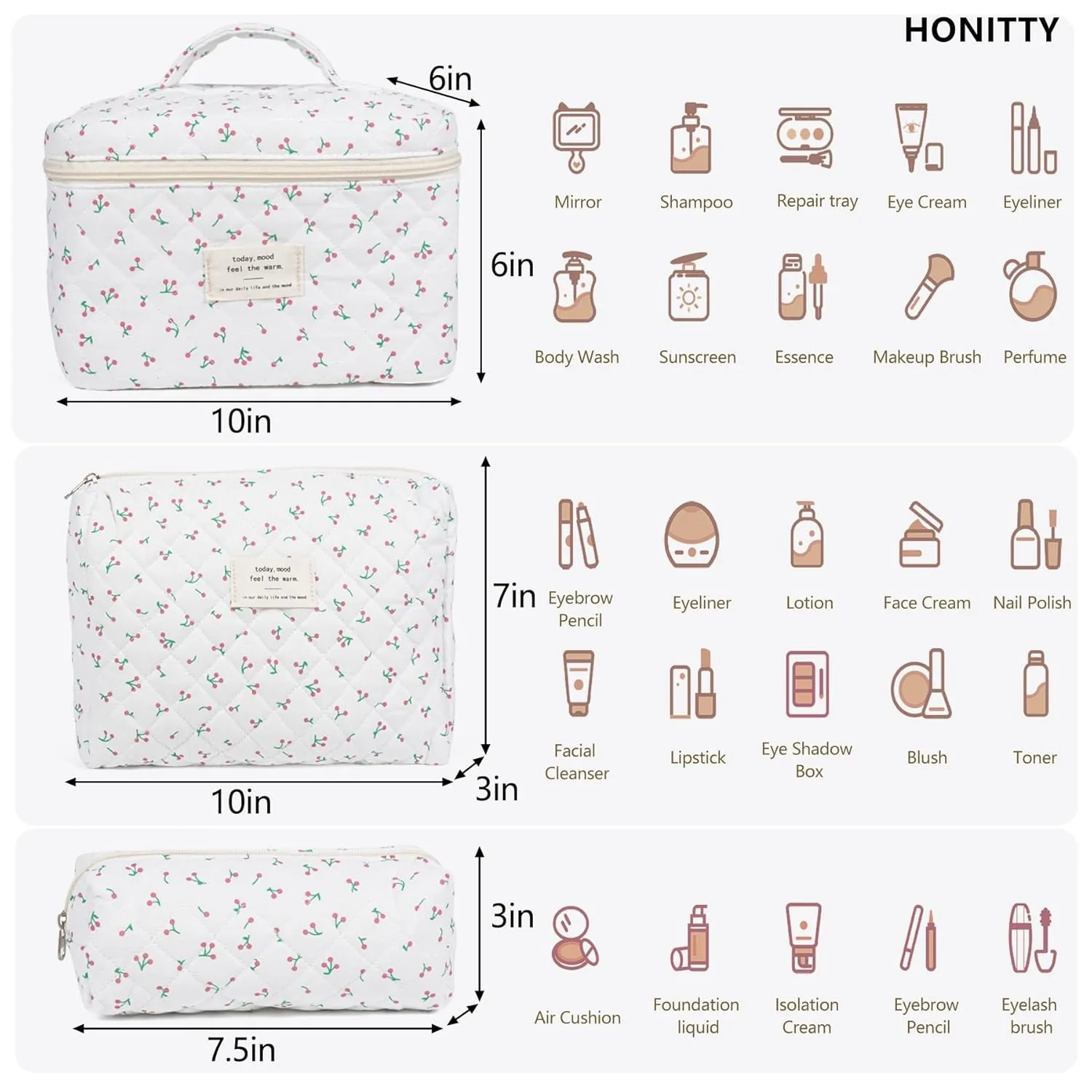 Makeup Bag,Quilted Cosmetic Bag,Large Floral Make Up Bag for Women,Cotton Makeup Bag Set,Flower Travel Toiletry Bag