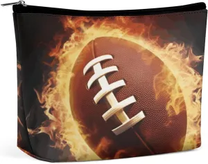 Makeup Bags Large Capacity Cosmetic Bags for Women Flaming American Football Open Flat Toiletry Bag Waterproof Makeup Pouch Portable Cosmetic Organizer Makeups Train for Travel Gift