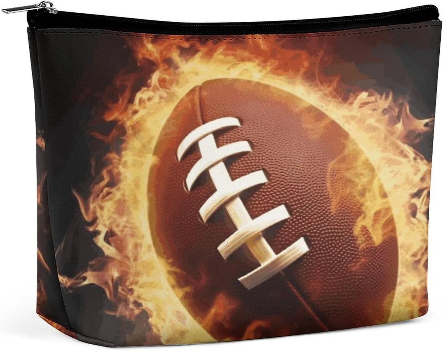 Makeup Bags Large Capacity Cosmetic Bags for Women Flaming American Football Open Flat Toiletry Bag Waterproof Makeup Pouch Portable Cosmetic Organizer Makeups Train for Travel Gift