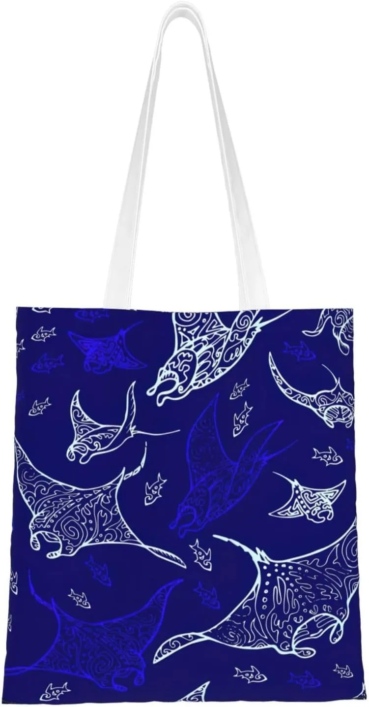 Manta Ray and Fish print Canvas Tote Bag for Women,Womens Purse Handbags for Travel Beach Nurse College Gift