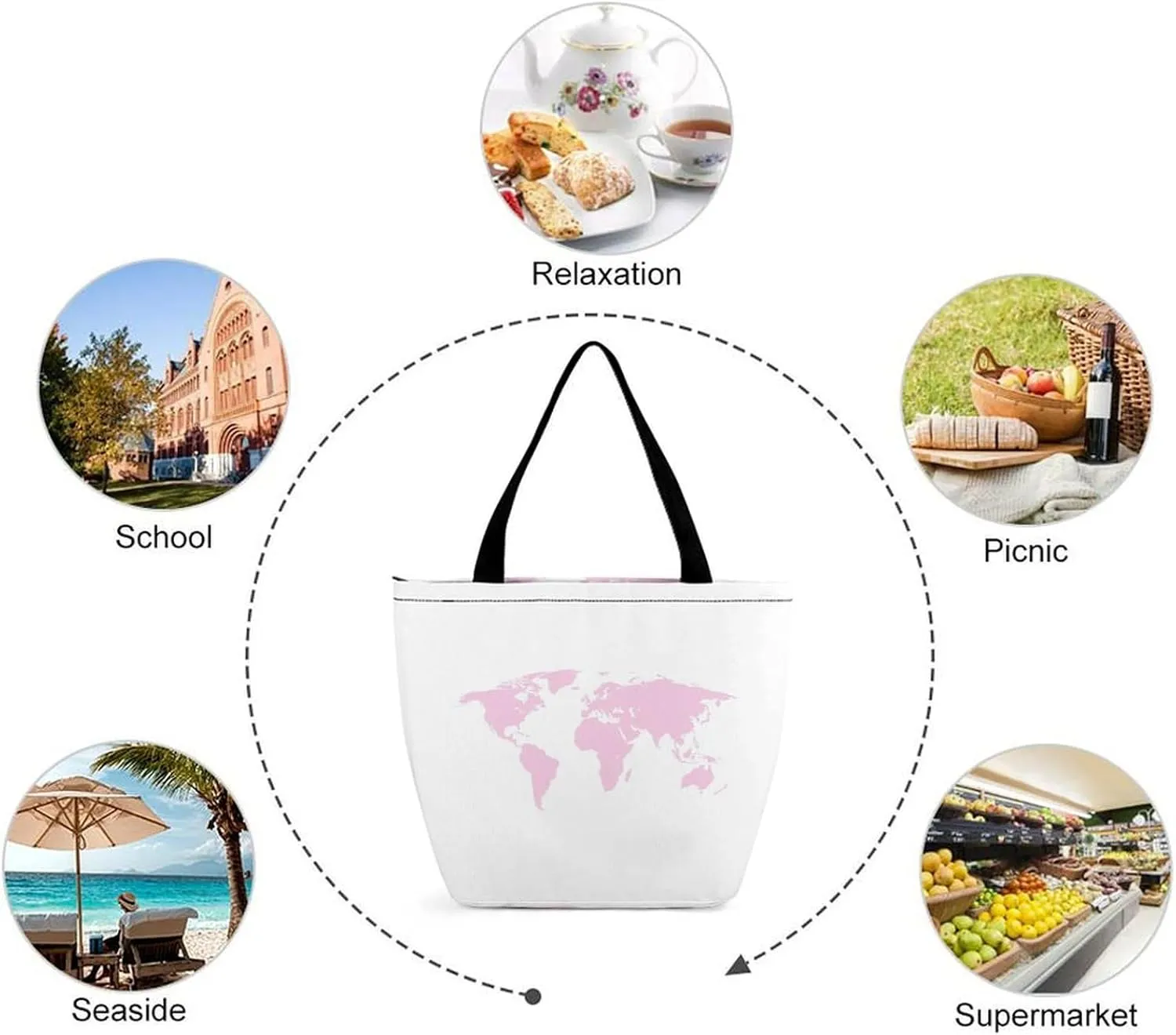 Map Kawaii Hobo Handbags With Zipper Women's Tote Handbags