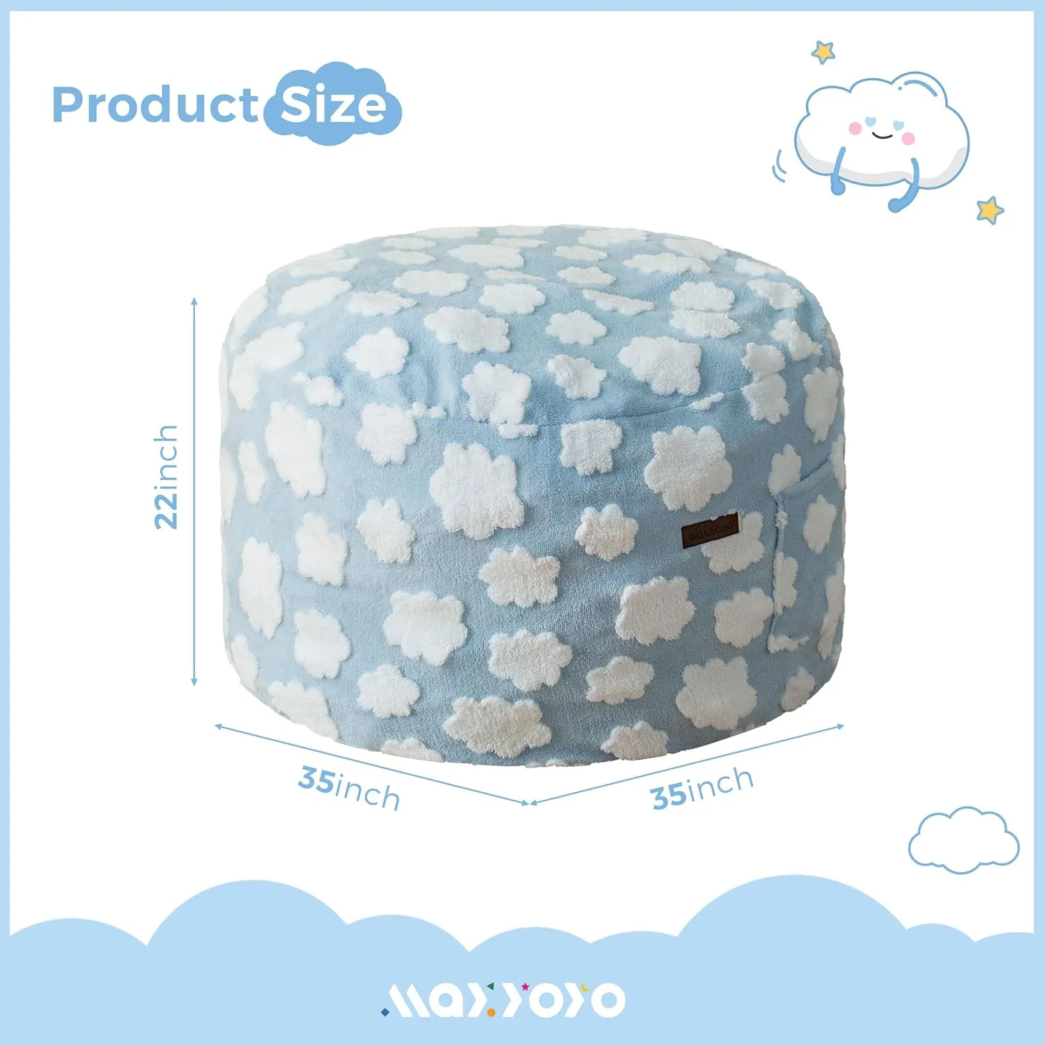 MAXYOYO Bean Bag Chair for Kids, Cloud Pattern Lazy Chair with High-Density Foam Filling, Stuffed Floor Sofa Couch for Boys and Girls, Child Floor Sofa for Gaming, Reading, Blue