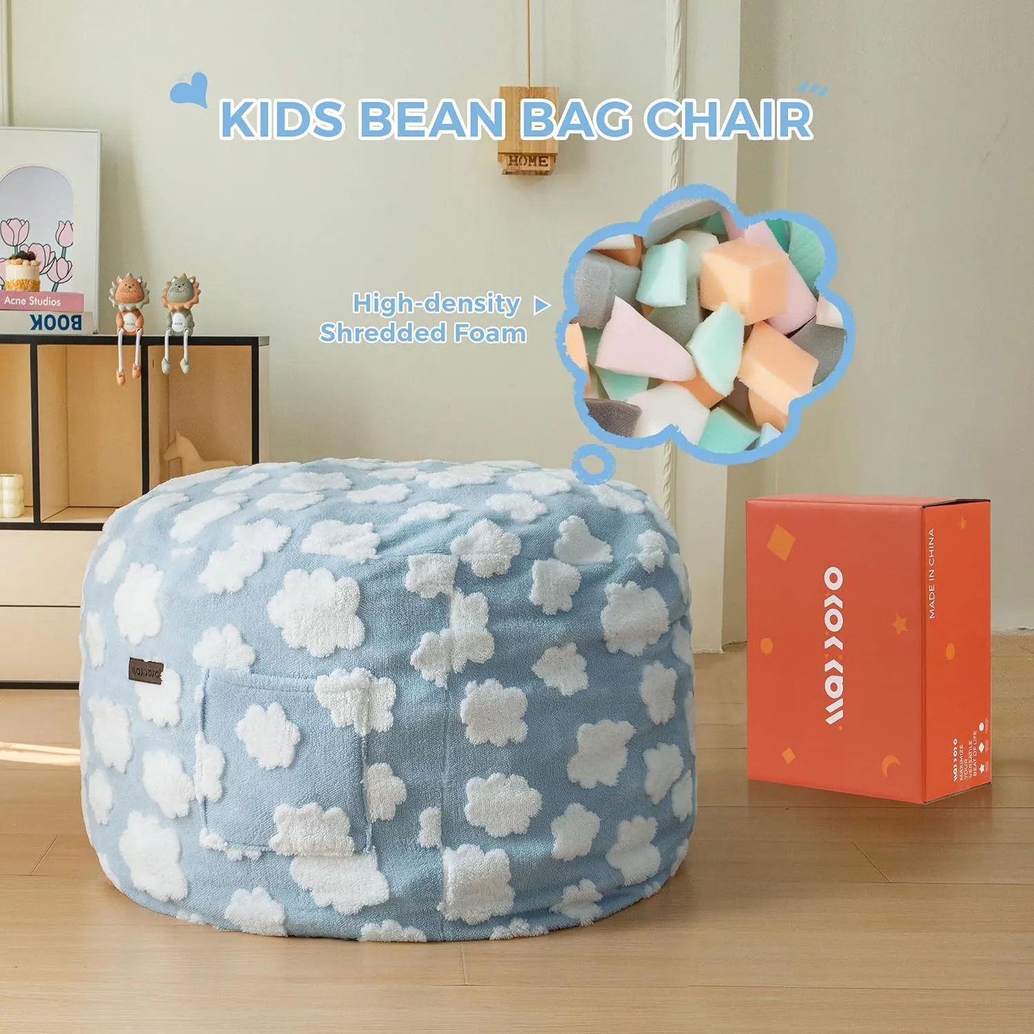 MAXYOYO Bean Bag Chair for Kids, Cloud Pattern Lazy Chair with High-Density Foam Filling, Stuffed Floor Sofa Couch for Boys and Girls, Child Floor Sofa for Gaming, Reading, Blue