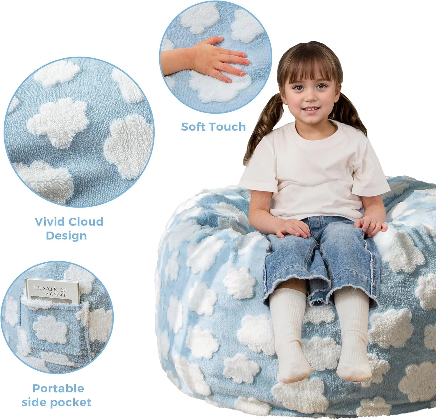 MAXYOYO Bean Bag Chair for Kids, Cloud Pattern Lazy Chair with High-Density Foam Filling, Stuffed Floor Sofa Couch for Boys and Girls, Child Floor Sofa for Gaming, Reading, Blue