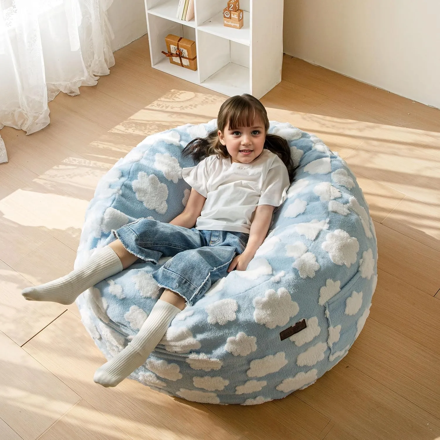 MAXYOYO Bean Bag Chair for Kids, Cloud Pattern Lazy Chair with High-Density Foam Filling, Stuffed Floor Sofa Couch for Boys and Girls, Child Floor Sofa for Gaming, Reading, Blue