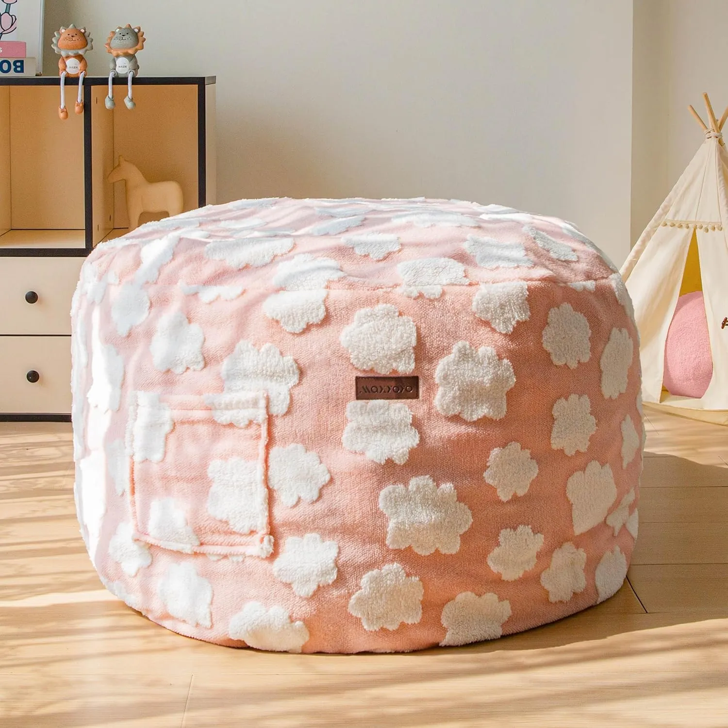 MAXYOYO Bean Bag Chair for Kids, Cloud Pattern Lazy Chair with High-Density Foam Filling, Stuffed Floor Sofa Couch for Boys and Girls, Child Floor Sofa for Gaming, Reading, Pink