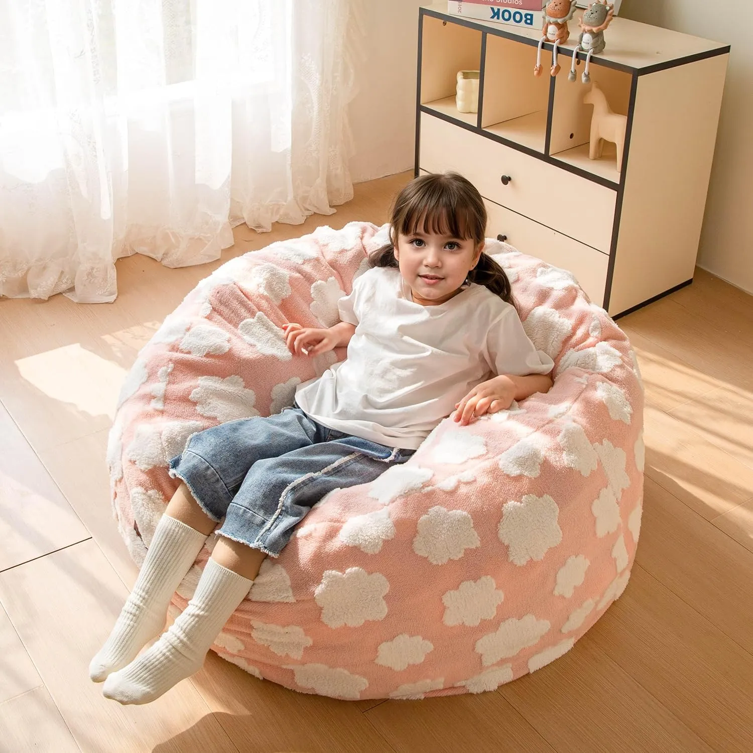 MAXYOYO Bean Bag Chair for Kids, Cloud Pattern Lazy Chair with High-Density Foam Filling, Stuffed Floor Sofa Couch for Boys and Girls, Child Floor Sofa for Gaming, Reading, Pink