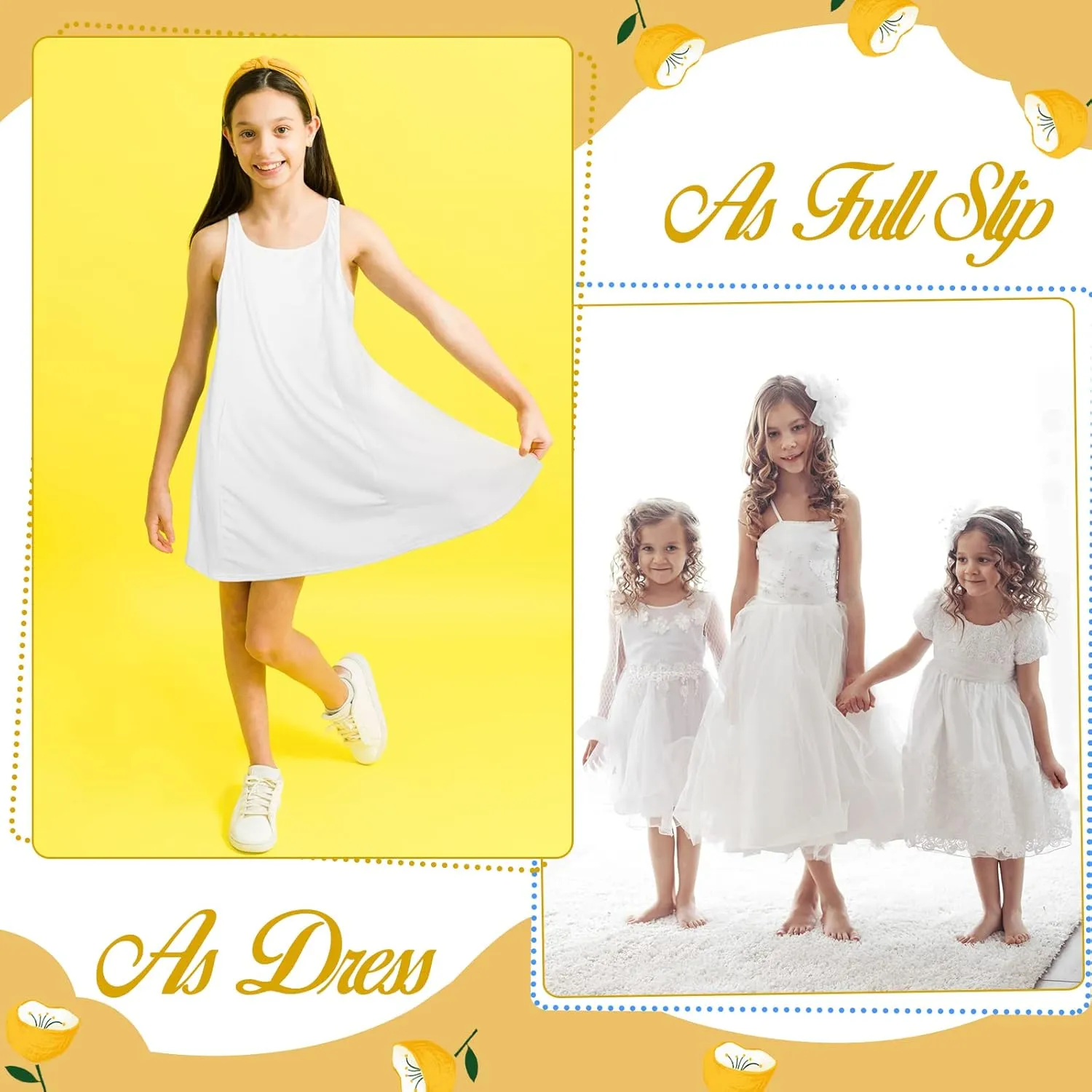Mepase 2 Pcs Girls Slips for Under Dress Tea and Knee Length Princess Cotton Nylon White Slips with Adjustable Straps