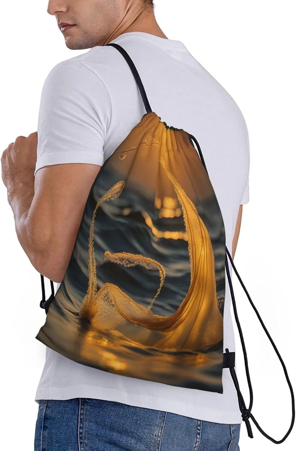 Mermaid Tail Print Drawstring Bags,Birthday Festival Gym Sports Traveling Multipurpose Sackpack, Black, Small