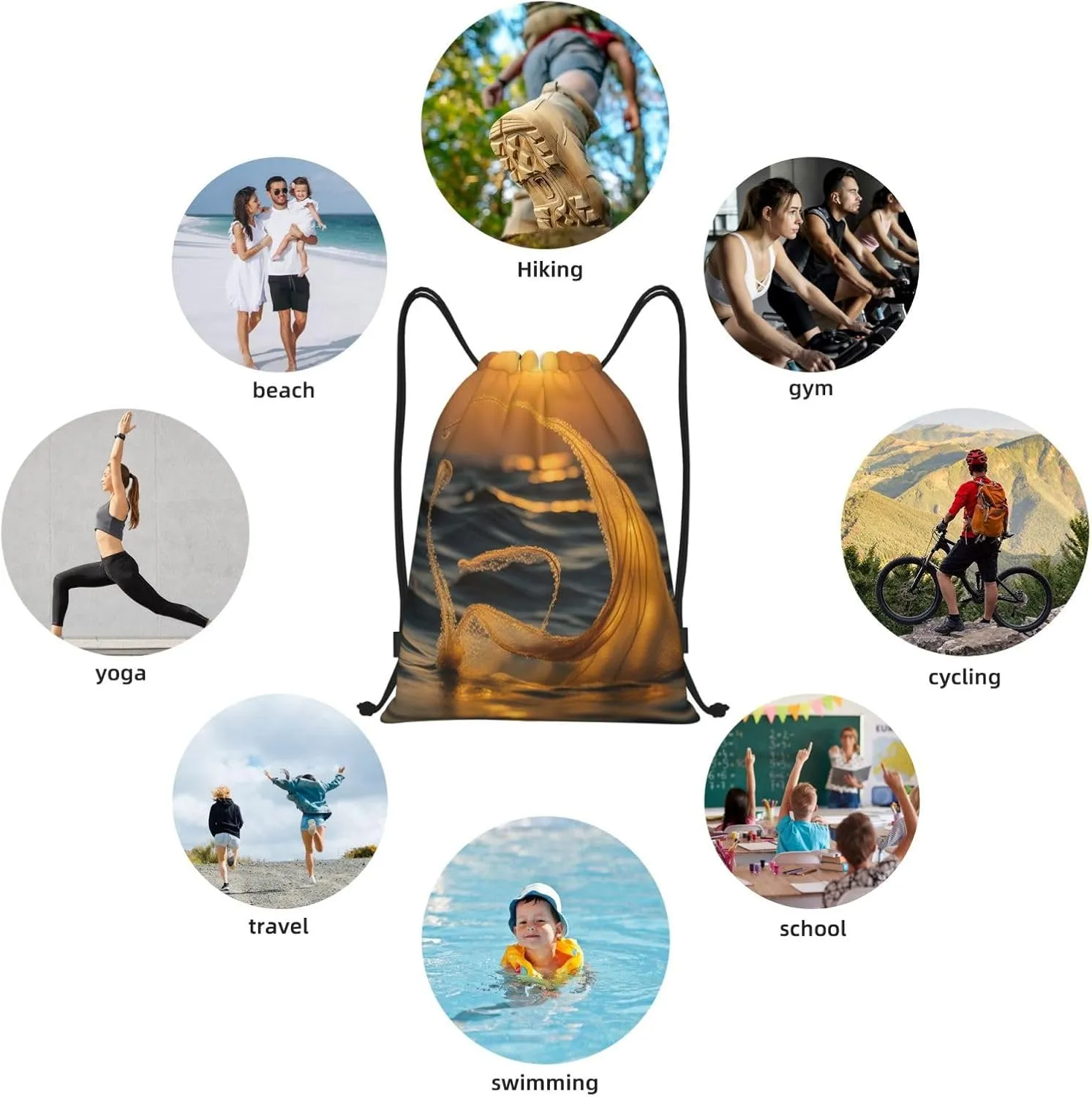 Mermaid Tail Print Drawstring Bags,Birthday Festival Gym Sports Traveling Multipurpose Sackpack, Black, Small