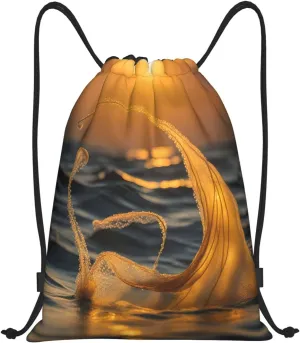 Mermaid Tail Print Drawstring Bags,Birthday Festival Gym Sports Traveling Multipurpose Sackpack, Black, Small