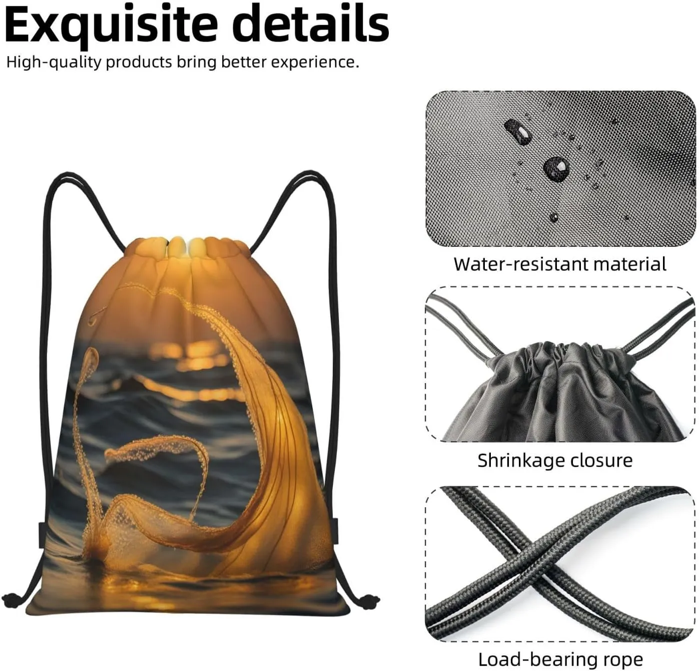 Mermaid Tail Print Drawstring Bags,Birthday Festival Gym Sports Traveling Multipurpose Sackpack, Black, Small
