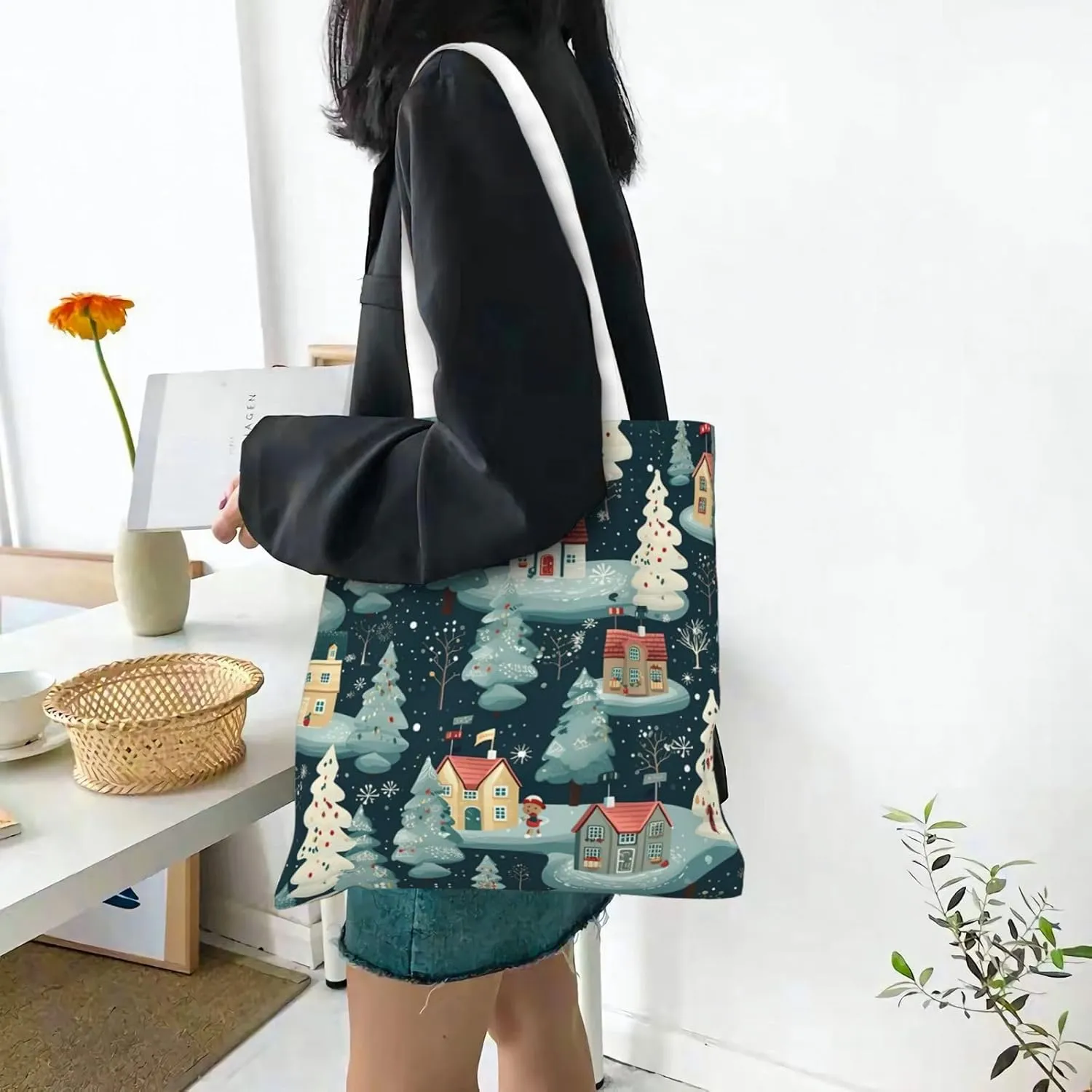 Merry Christmas Birch Tree Print Large Canvas Beach Travel Reusable Grocery Shopping Tote Bag Portable Storage Handbag