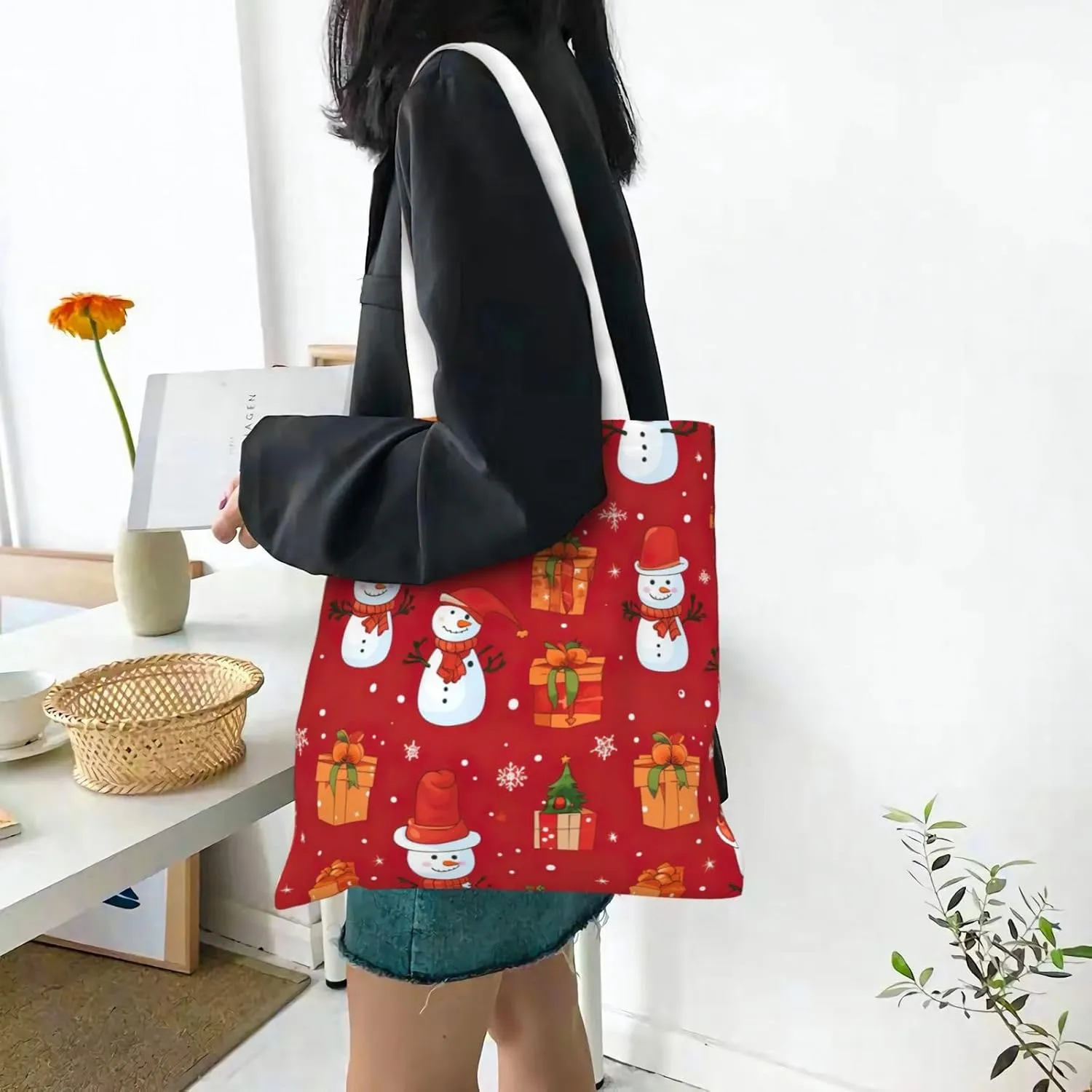 Merry Christmas Birch Tree Print Large Canvas Beach Travel Reusable Grocery Shopping Tote Bag Portable Storage Handbag