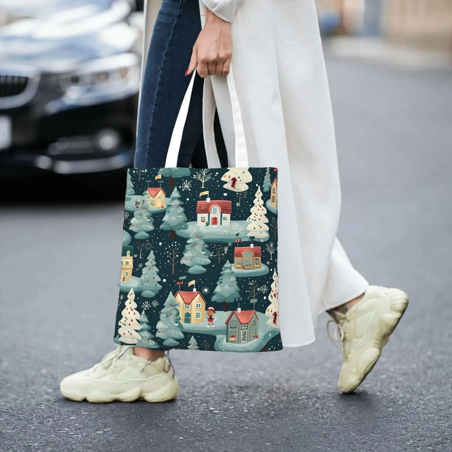 Merry Christmas Birch Tree Print Large Canvas Beach Travel Reusable Grocery Shopping Tote Bag Portable Storage Handbag