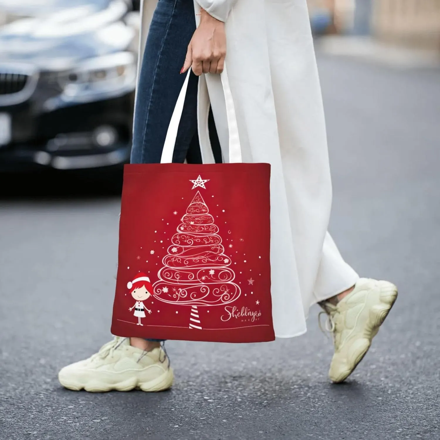 Merry Christmas Birch Tree Print Large Canvas Beach Travel Reusable Grocery Shopping Tote Bag Portable Storage Handbag