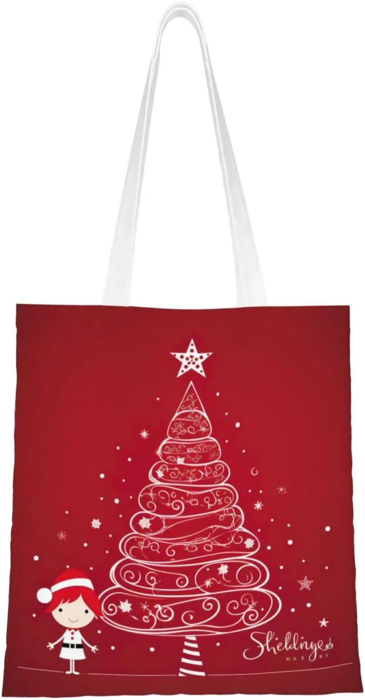 Merry Christmas Birch Tree Print Large Canvas Beach Travel Reusable Grocery Shopping Tote Bag Portable Storage Handbag