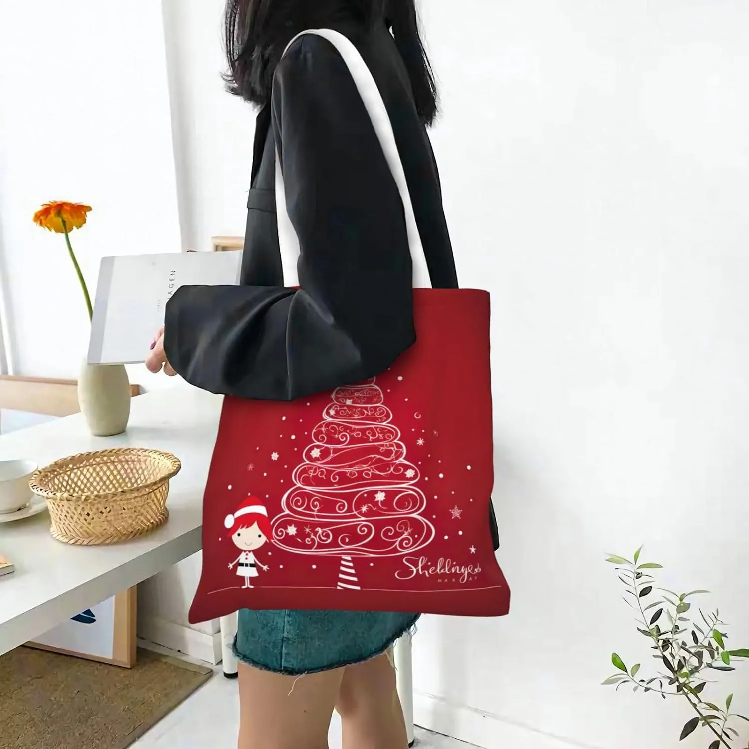 Merry Christmas Birch Tree Print Large Canvas Beach Travel Reusable Grocery Shopping Tote Bag Portable Storage Handbag