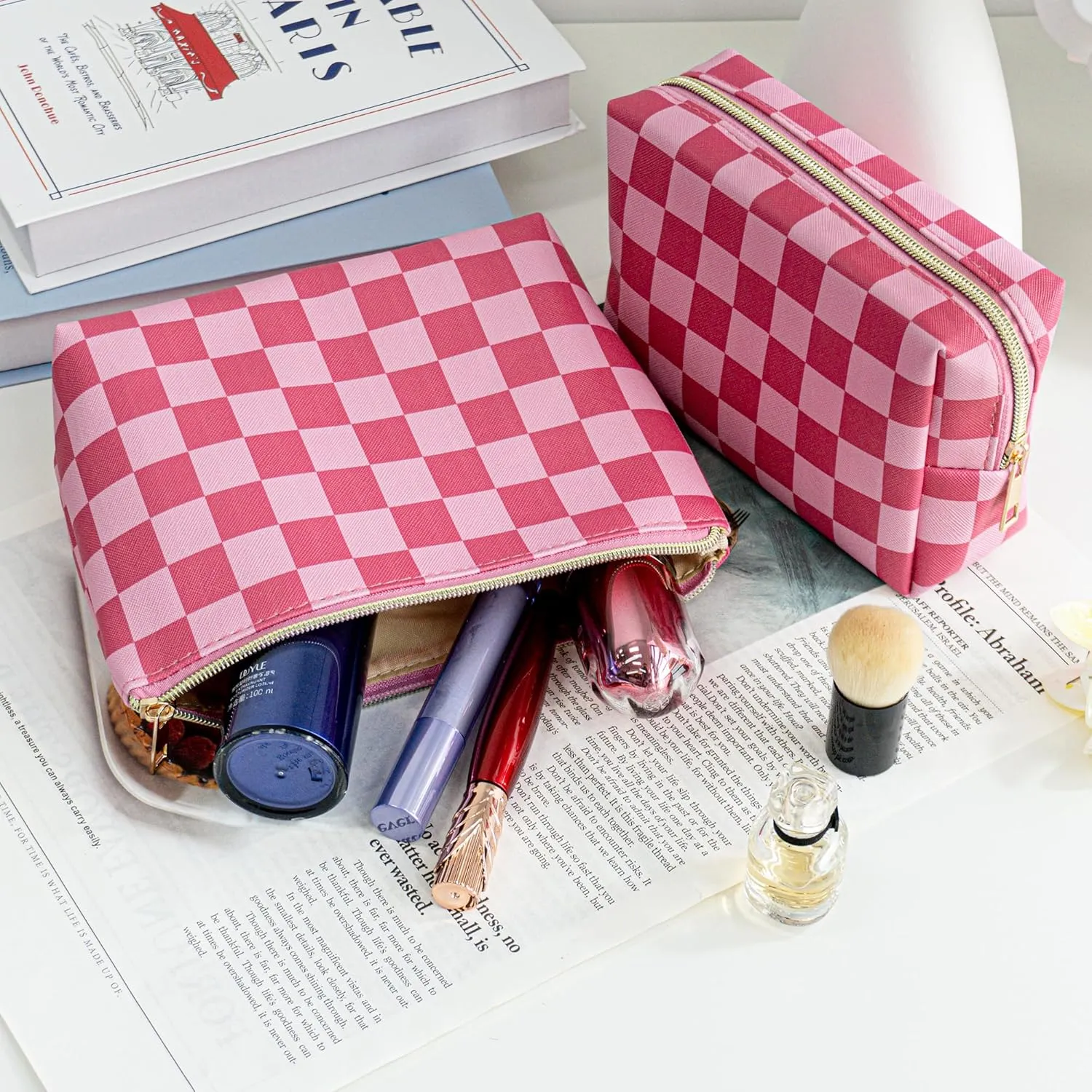 METALPHA Cute Checkered Makeup Bag Set, 2 PCS Aesthetic PU Leather Make Up Bags with Zipper, Cosmetic Bags Travel Toiletry Bag Purse