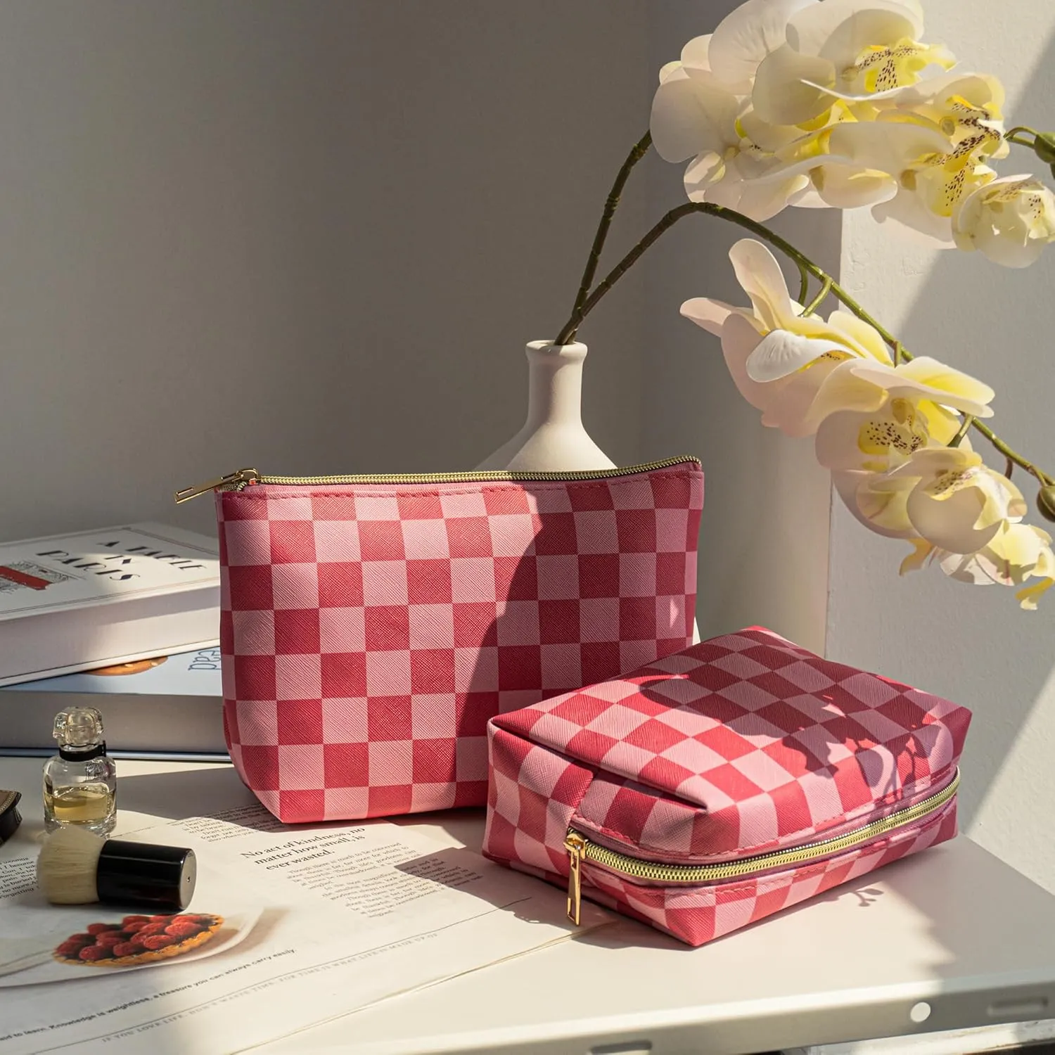 METALPHA Cute Checkered Makeup Bag Set, 2 PCS Aesthetic PU Leather Make Up Bags with Zipper, Cosmetic Bags Travel Toiletry Bag Purse