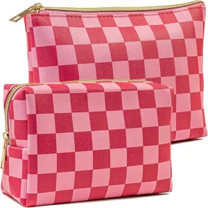 METALPHA Cute Checkered Makeup Bag Set, 2 PCS Aesthetic PU Leather Make Up Bags with Zipper, Cosmetic Bags Travel Toiletry Bag Purse