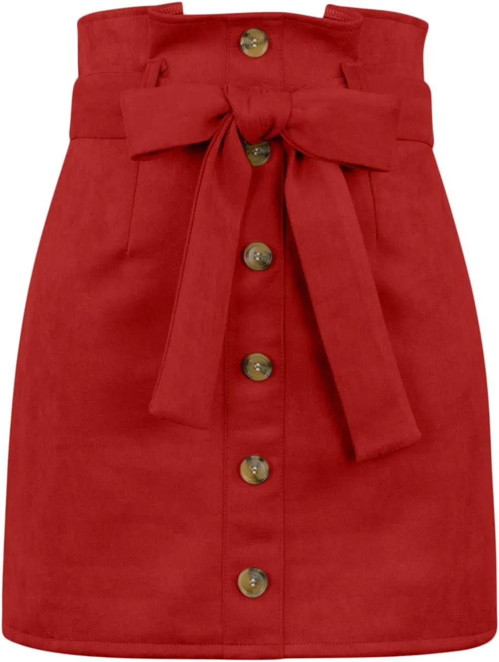 Meyeeka Women's Paperbag High Waist Button Trim Front Belted Faux Suede Mini Skirt