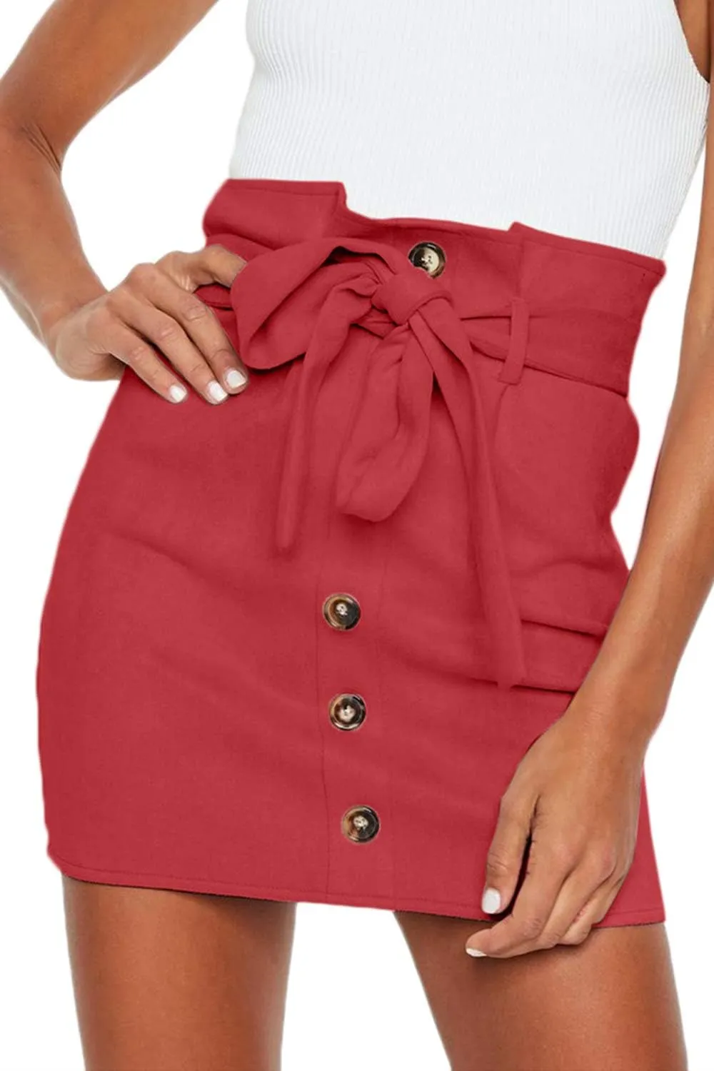 Meyeeka Women's Paperbag High Waist Button Trim Front Belted Faux Suede Mini Skirt