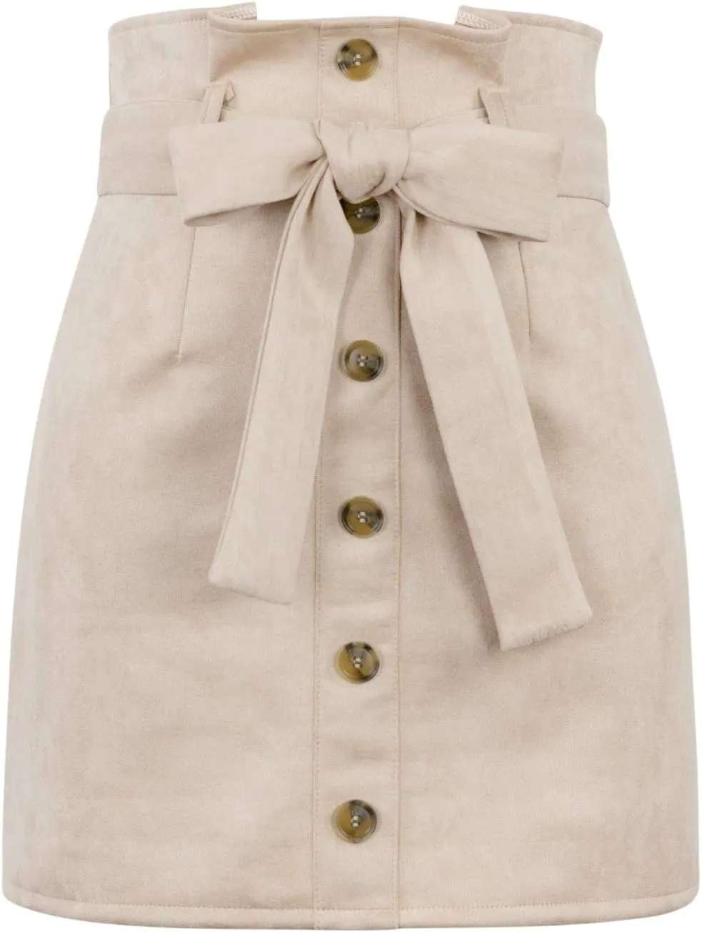 Meyeeka Women's Paperbag High Waist Button Trim Front Belted Faux Suede Mini Skirt