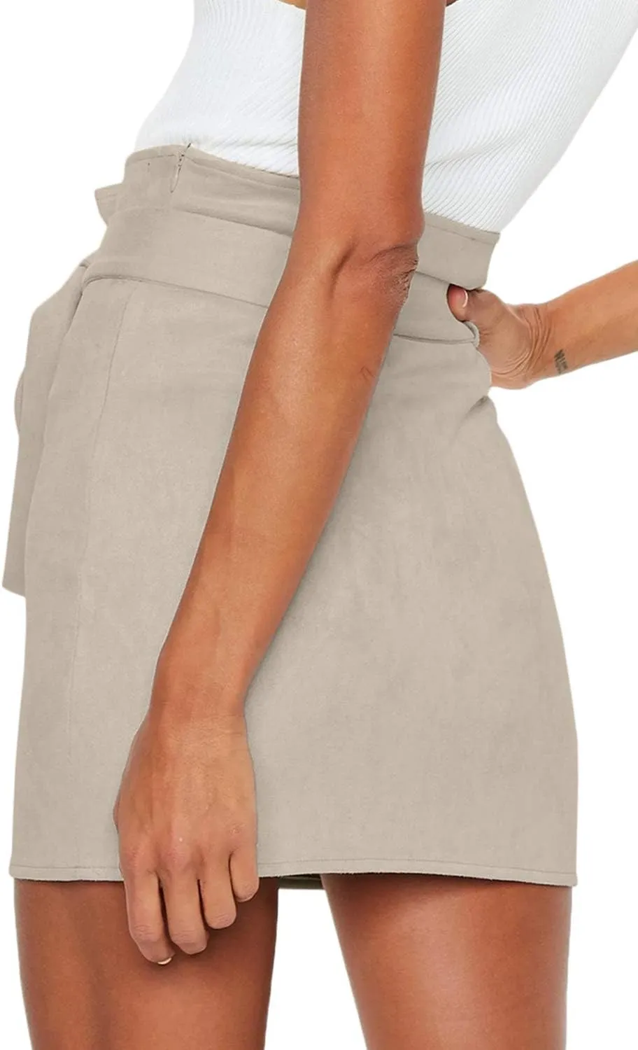 Meyeeka Women's Paperbag High Waist Button Trim Front Belted Faux Suede Mini Skirt