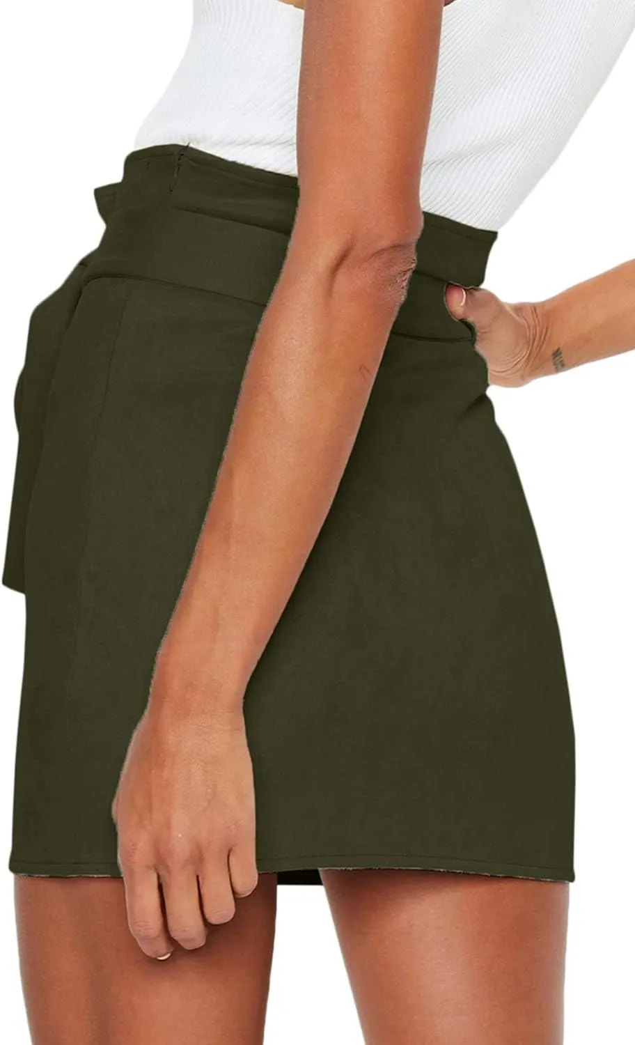 Meyeeka Women's Paperbag High Waist Button Trim Front Belted Faux Suede Mini Skirt