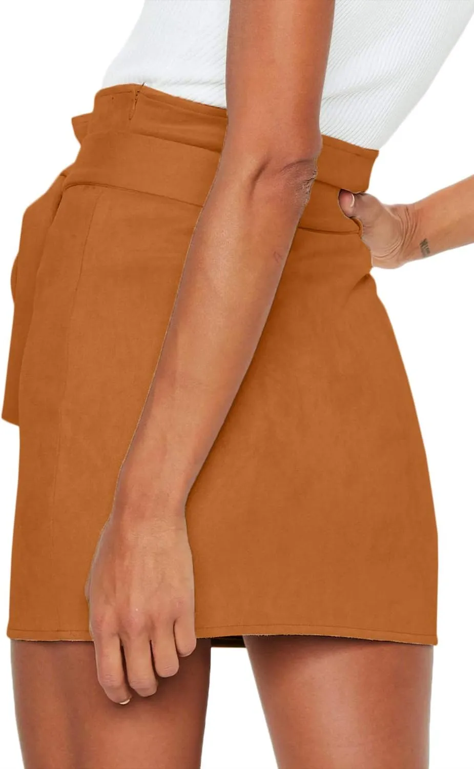 Meyeeka Women's Paperbag High Waist Button Trim Front Belted Faux Suede Mini Skirt