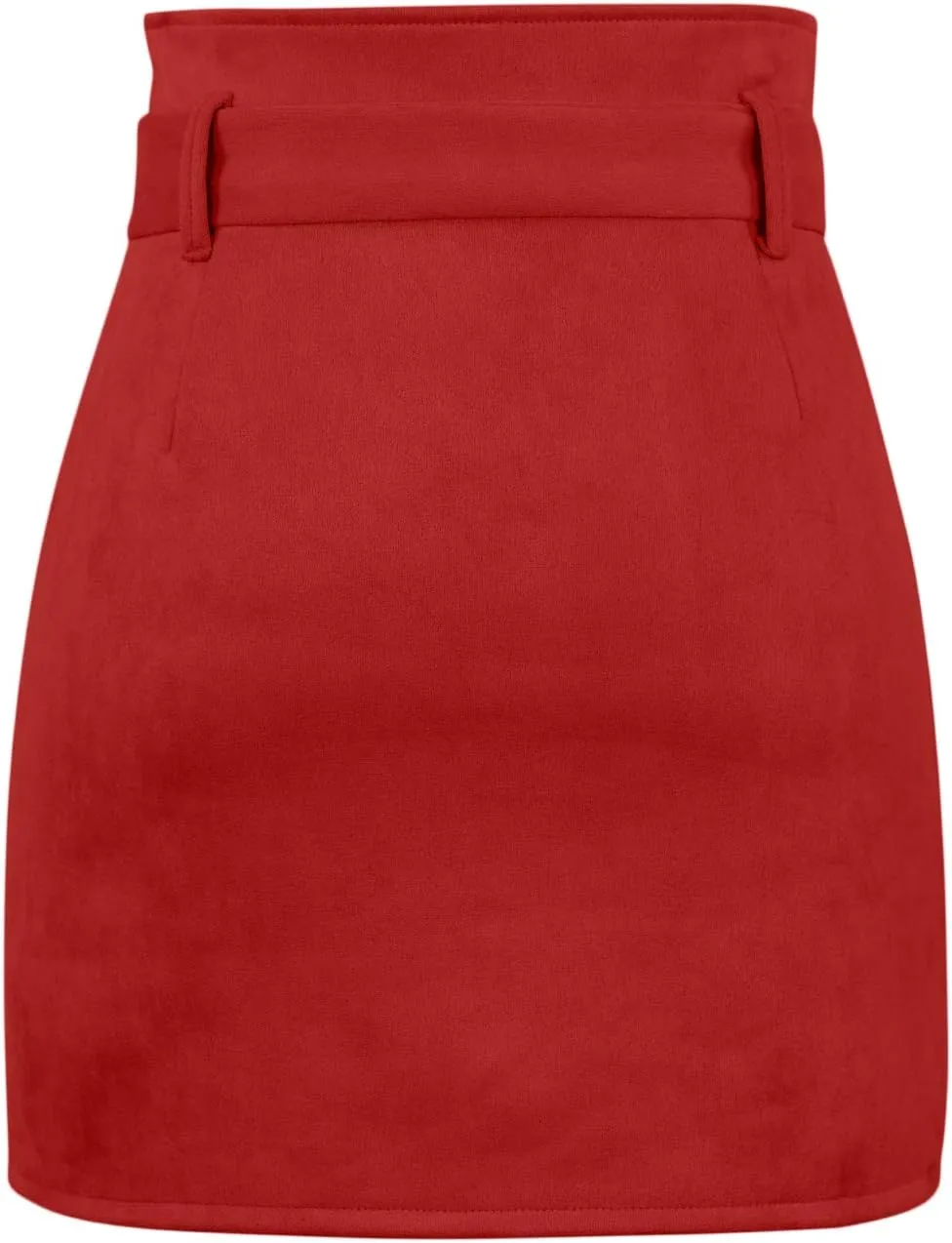 Meyeeka Women's Paperbag High Waist Button Trim Front Belted Faux Suede Mini Skirt