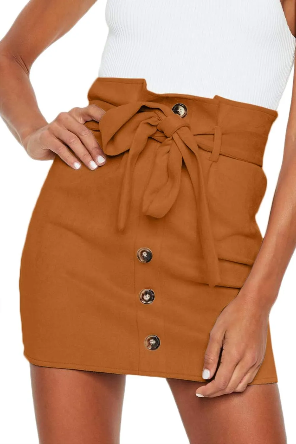 Meyeeka Women's Paperbag High Waist Button Trim Front Belted Faux Suede Mini Skirt