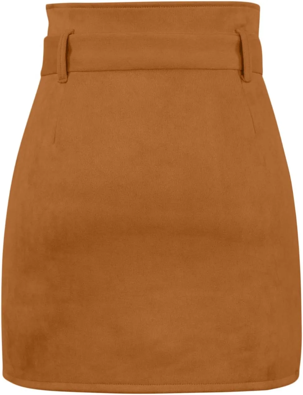 Meyeeka Women's Paperbag High Waist Button Trim Front Belted Faux Suede Mini Skirt