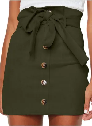 Meyeeka Women's Paperbag High Waist Button Trim Front Belted Faux Suede Mini Skirt