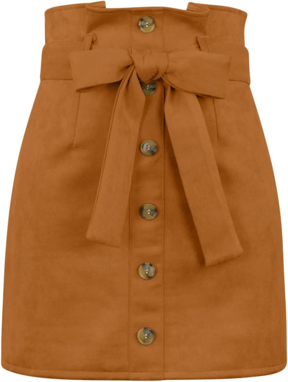Meyeeka Women's Paperbag High Waist Button Trim Front Belted Faux Suede Mini Skirt