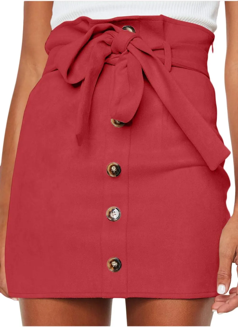 Meyeeka Women's Paperbag High Waist Button Trim Front Belted Faux Suede Mini Skirt