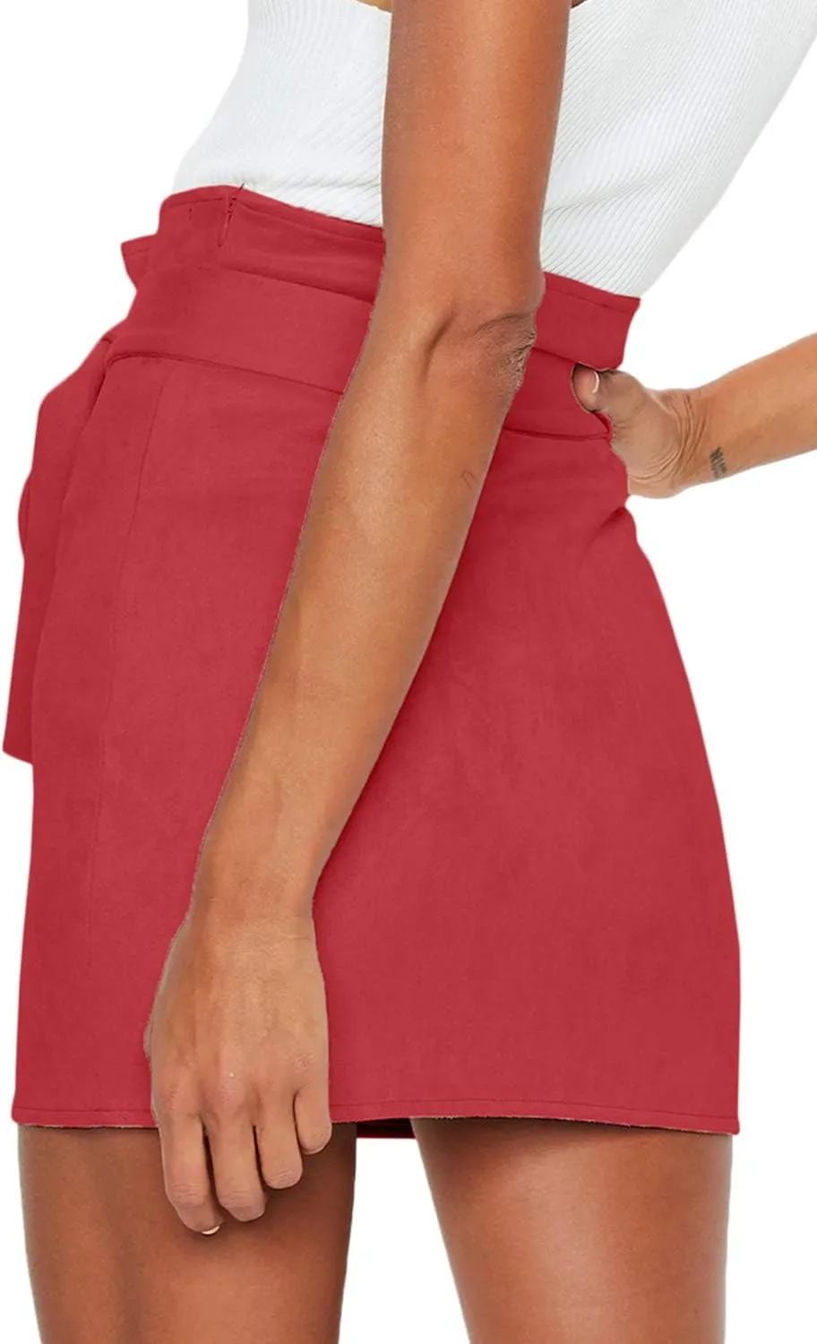 Meyeeka Women's Paperbag High Waist Button Trim Front Belted Faux Suede Mini Skirt