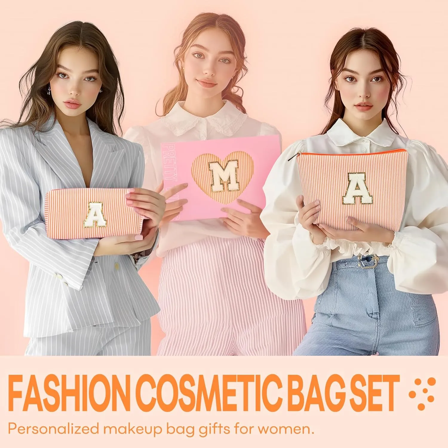 mibasies 2 PCS Initial Makeup Bags: Mothers Day Gifts for Women - Cosmetic Bag for Travel Toiletry - Gifts for 11 12 13 14 15 16 17 18 Years Old Teen Girl Gifts Graduation Teacher Gifts - Orange A