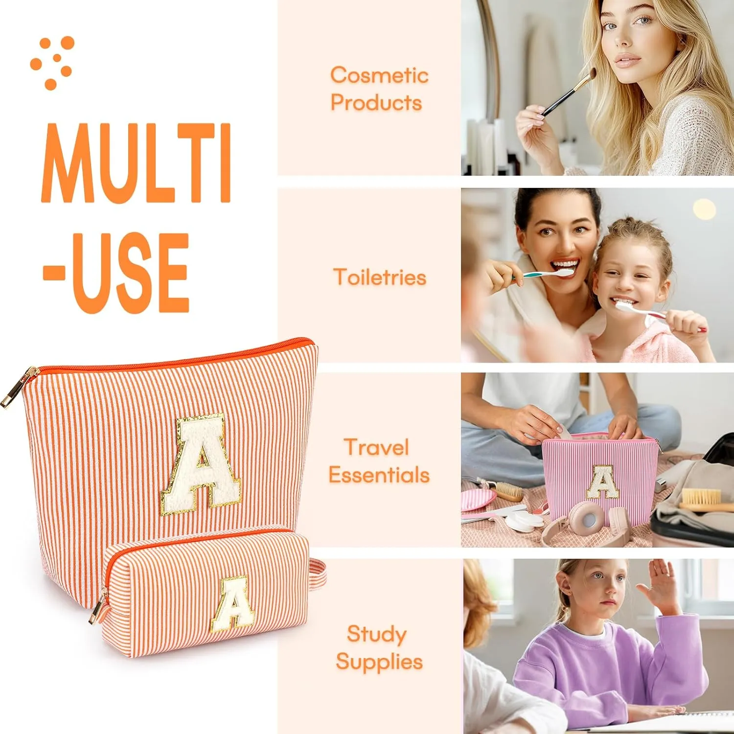 mibasies 2 PCS Initial Makeup Bags: Mothers Day Gifts for Women - Cosmetic Bag for Travel Toiletry - Gifts for 11 12 13 14 15 16 17 18 Years Old Teen Girl Gifts Graduation Teacher Gifts - Orange A