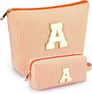 mibasies 2 PCS Initial Makeup Bags: Mothers Day Gifts for Women - Cosmetic Bag for Travel Toiletry - Gifts for 11 12 13 14 15 16 17 18 Years Old Teen Girl Gifts Graduation Teacher Gifts - Orange A