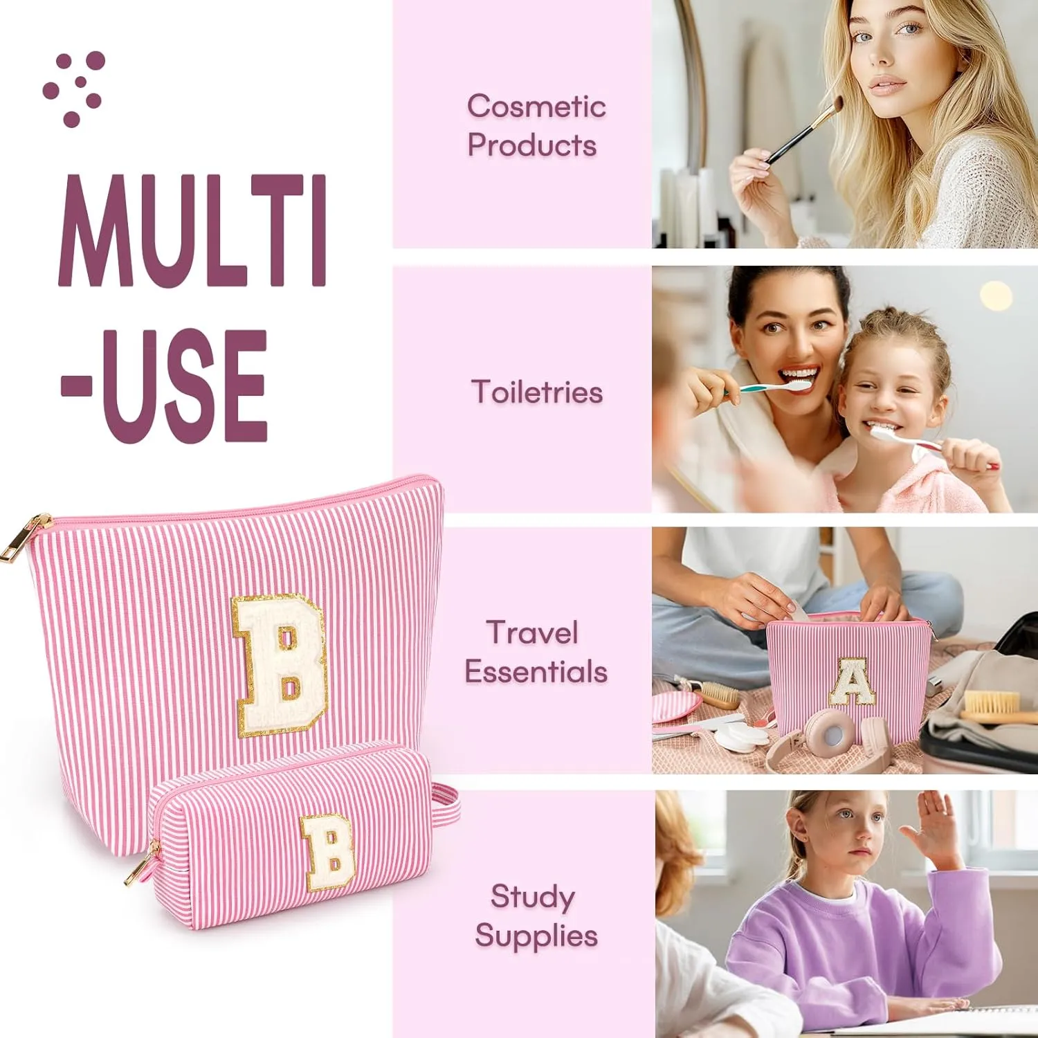 mibasies 2 PCS Initial Makeup Bags: Mothers Day Gifts for Women - Cosmetic Bag for Travel Toiletry - Gifts for 11 12 13 14 15 16 17 18 Years Old Teen Girl Gifts Graduation Teacher Gifts - Pink B