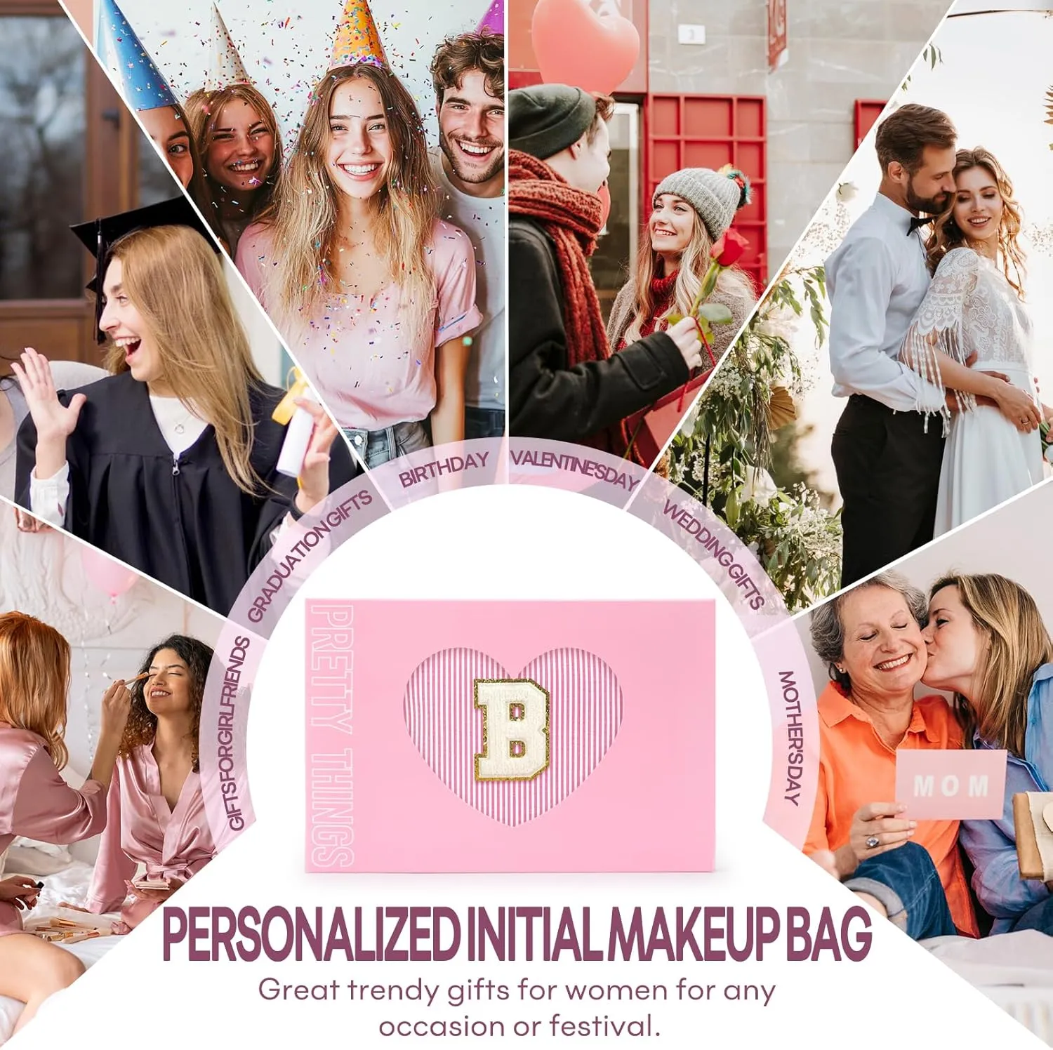 mibasies 2 PCS Initial Makeup Bags: Mothers Day Gifts for Women - Cosmetic Bag for Travel Toiletry - Gifts for 11 12 13 14 15 16 17 18 Years Old Teen Girl Gifts Graduation Teacher Gifts - Pink B