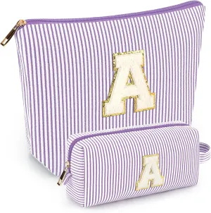 mibasies 2 PCS Initial Makeup Bags: Mothers Day Gifts for Women - Cosmetic Bag for Travel Toiletry - Gifts for 11 12 13 14 15 16 17 18 Years Old Teen Girl Gifts Graduation Teacher Gifts - Purple A