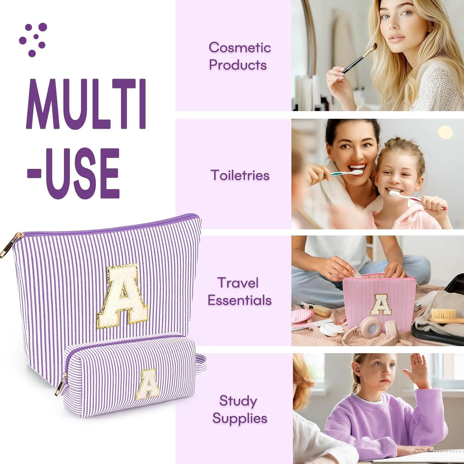 mibasies 2 PCS Initial Makeup Bags: Mothers Day Gifts for Women - Cosmetic Bag for Travel Toiletry - Gifts for 11 12 13 14 15 16 17 18 Years Old Teen Girl Gifts Graduation Teacher Gifts - Purple A
