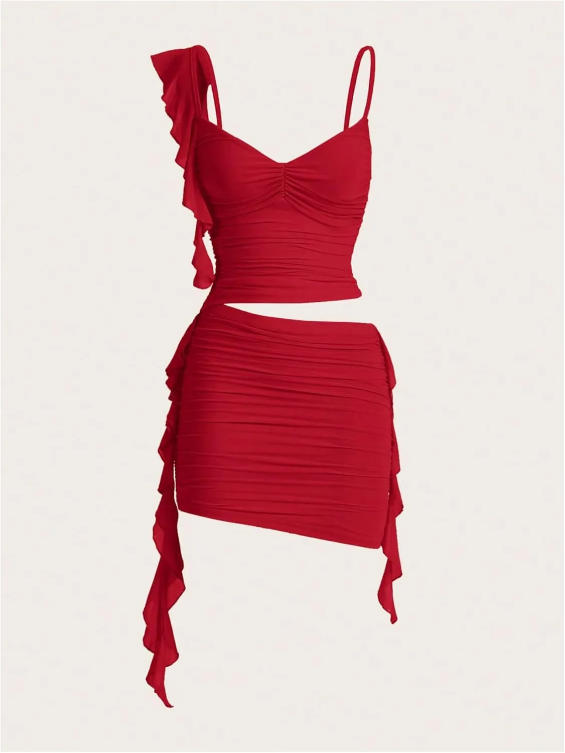 Milumia Women's 2 Piece Set Asymmetric Trim Ruched Cami Top and Bodycon Mini Skirt