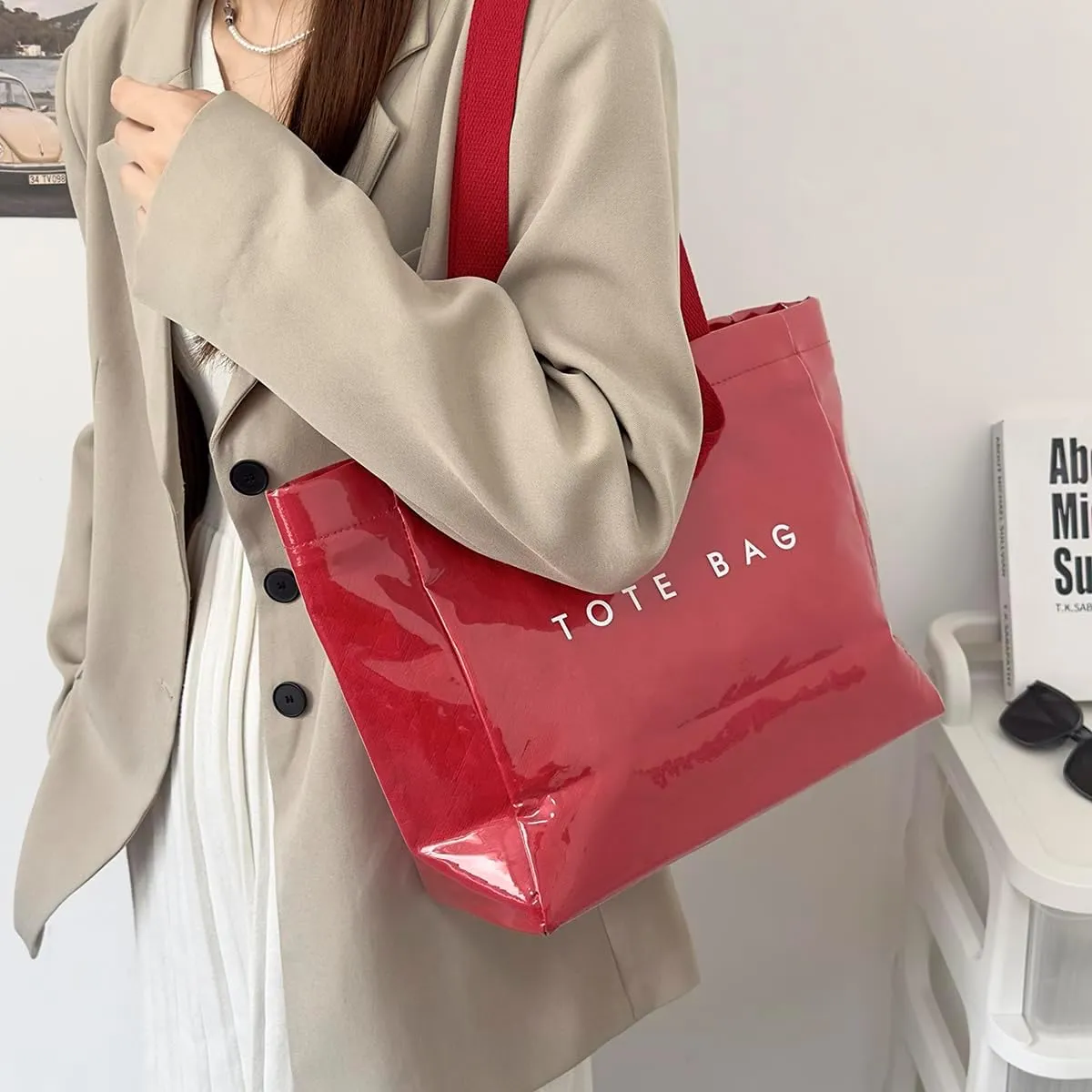 MINGRI Large Tote Bags for Women PVC Clear Totes Bag Plastic Carry All Bag Kraft Paper Shoulder Handbag Hobo for Work Travel